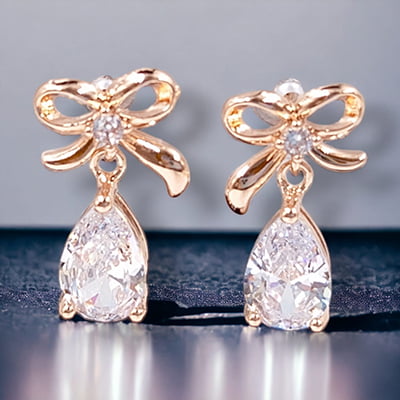 Crystal Stone Teardrop Bow Studded Rose Gold Earrings