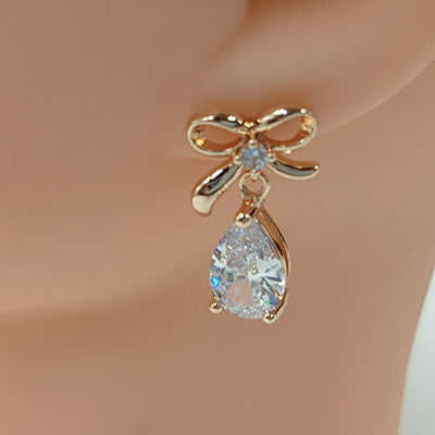 Crystal Stone Teardrop Bow Studded Rose Gold Earrings