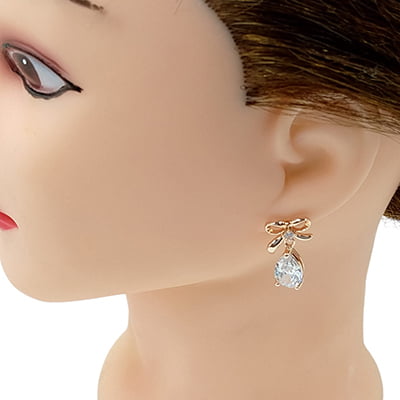 Crystal Stone Teardrop Bow Studded Rose Gold Earrings