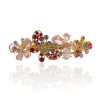 Party Wear Butterfly Stones & Beads Pink Crystal French Barrette