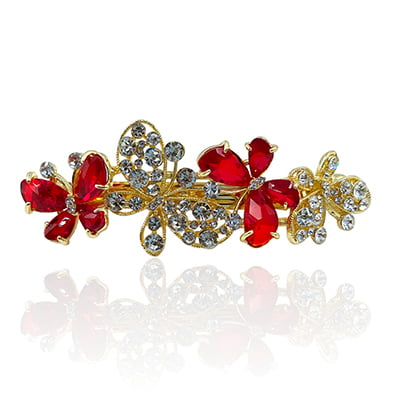 Party Wear Butterfly Stones & Beads Red Crystal French Barrette