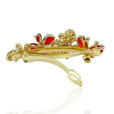 Party Wear Butterfly Stones & Beads Red Crystal French Barrette