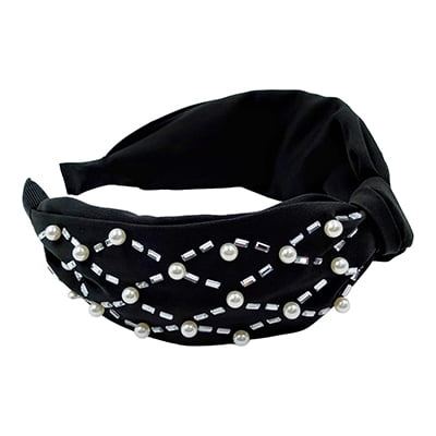 Stylish Black Turbon Knot Pearls Headband