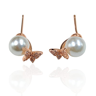 Trendy White Pearl Anti-Tarnish Rose Gold Butterfly Stud Earrings