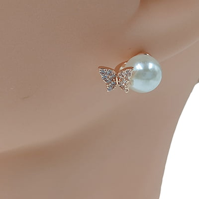 Trendy White Pearl Anti-Tarnish Rose Gold Butterfly Stud Earrings