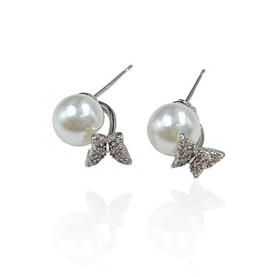 Trendy White Pearl Anti-Tarnish Silver Butterfly Stud Earrings