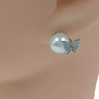 Trendy White Pearl Anti-Tarnish Silver Butterfly Stud Earrings