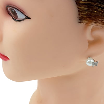 Trendy White Pearl Anti-Tarnish Silver Butterfly Stud Earrings